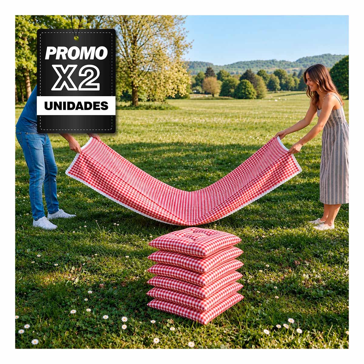 PACK2 CUBIERTA PICNIC Y 6 COJINES CON BORDE DE ENCAJE PARA CAMPO ROJO Y BLANCO YPAPEL REGALO - 1