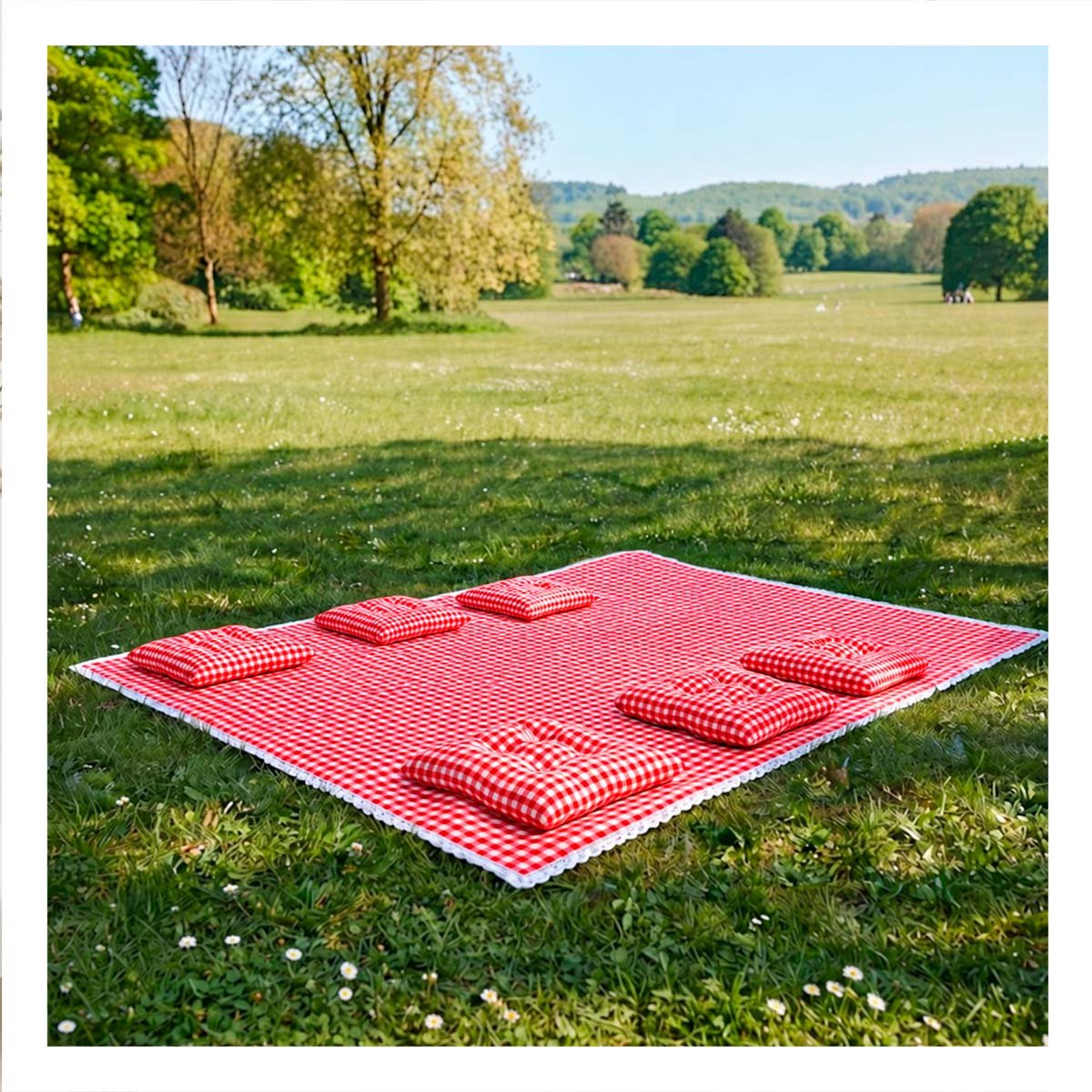 PACK2 ALFOMBRA PICNIC Y 6 COJINES CON BORDE ENCAJE AIRE LIBRE FACIL ROJO Y BLANCO - 2