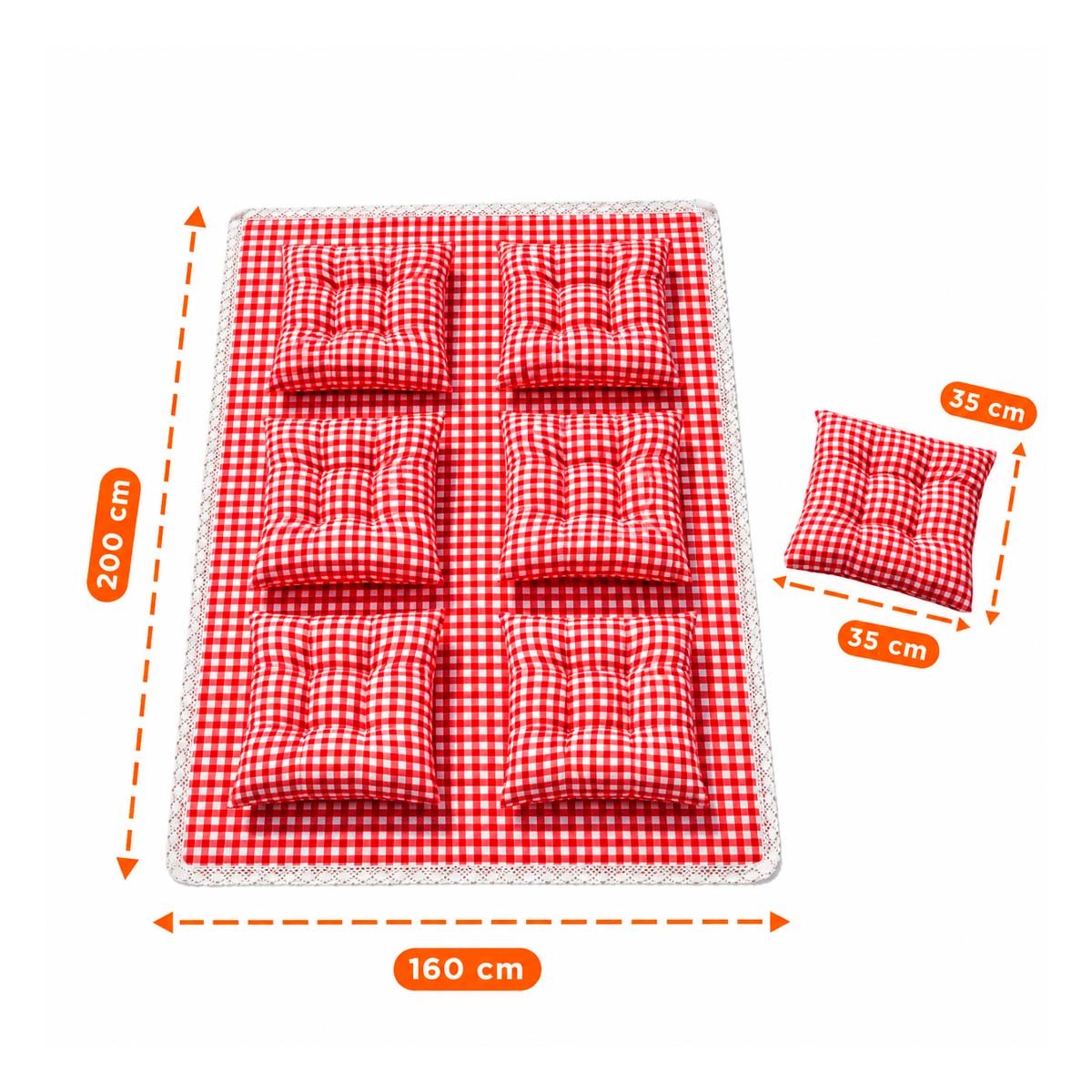 PACK2 ALFOMBRA PICNIC Y 6 COJINES CON BORDE ENCAJE AIRE LIBRE FACIL ROJO Y BLANCO - 3
