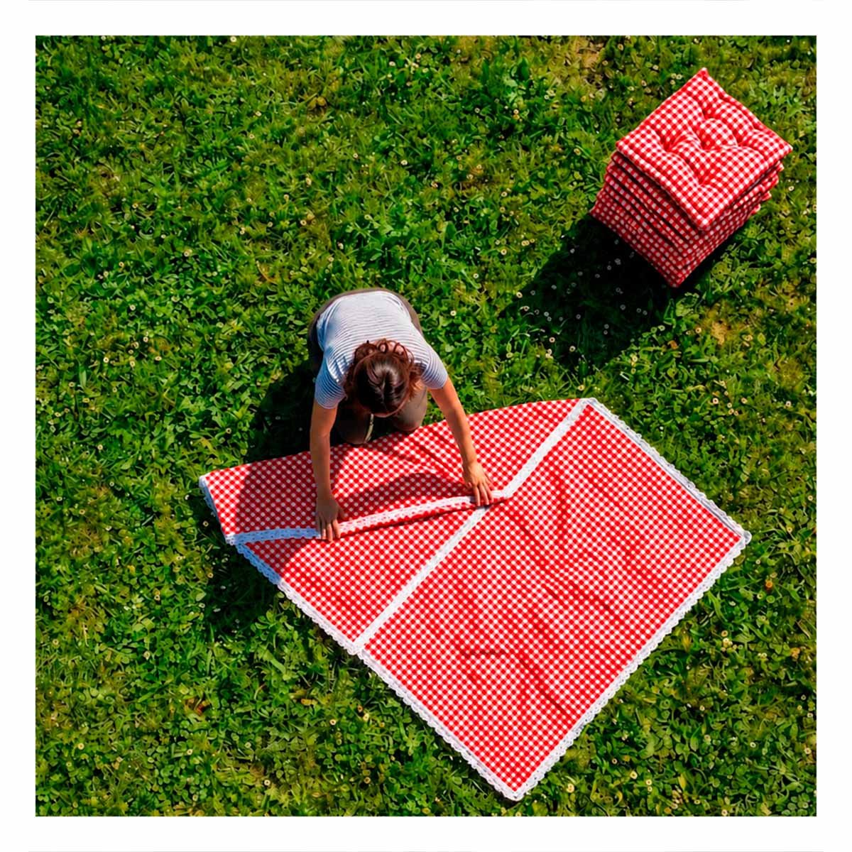 LONA PICNIC Y 6 COJINES CON BORDE DE ENCAJE PARA CAMPO PRACTICA ROJO Y BLANCO Y PAPEL REGALO - 1