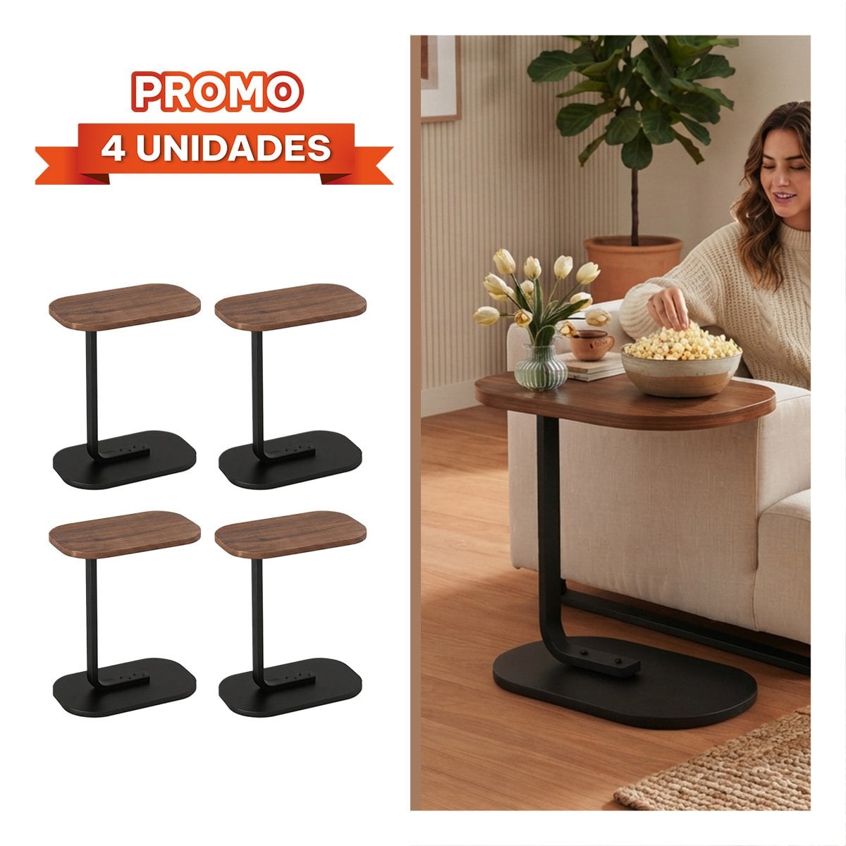 PACK4 MESA LATERAL PARA SALA Y HOGAR 42X28X60CM TIPO C RECTANGULAR OVALADO NEGRO Y MARRON - 1