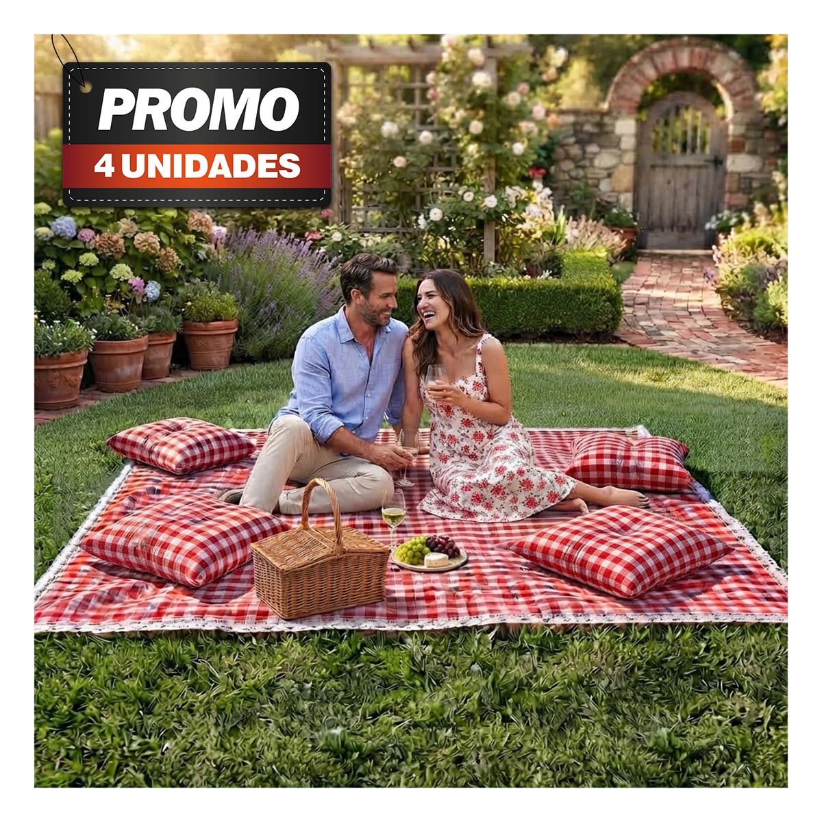 PACK4 MANTA PICNIC Y 4 COJINES BORDE DE ENCAJE PARA AIRE LIBRE ROJO Y BLANCO YPAPEL REGALO - 1