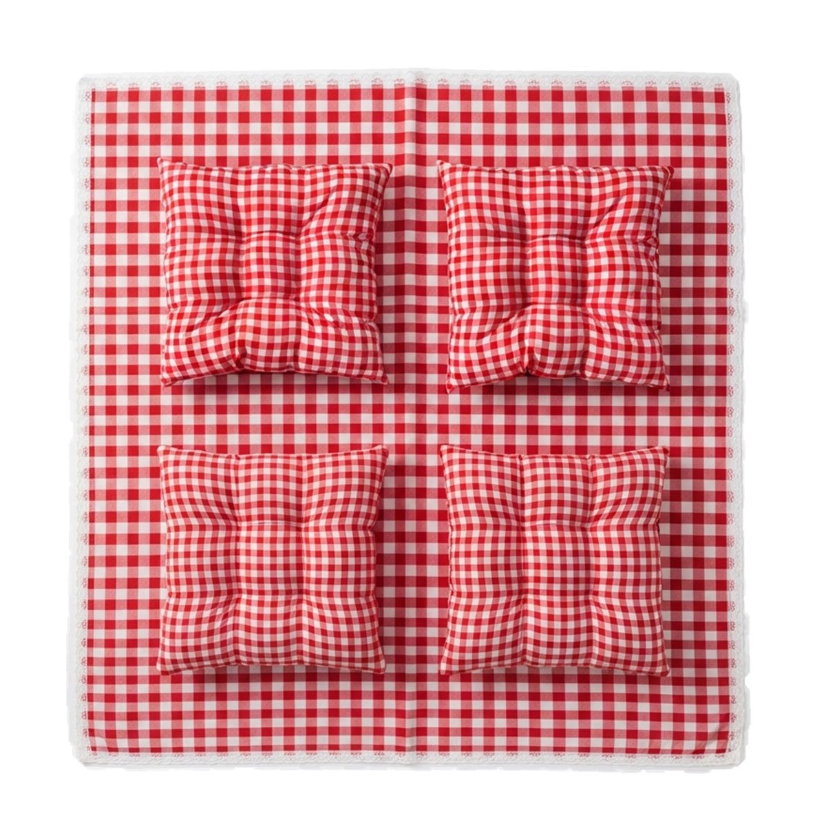 LONA PICNIC Y 4 COJINES CON BORDE DE ENCAJE PARA CAMPO PRACTICA ROJO Y BLANCO Y STICKY - 1