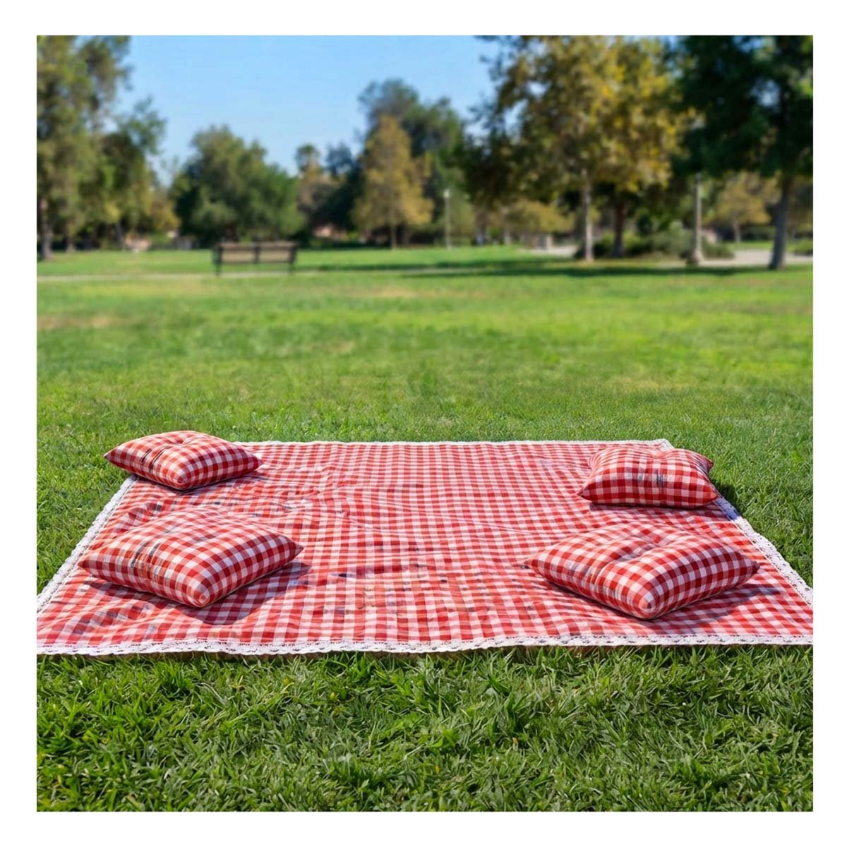 PACK4 CUBIERTA PICNIC Y 4 COJINES CON BORDE ENCAJE AIRE LIBRE FACIL ROJO Y BLANCO - 2