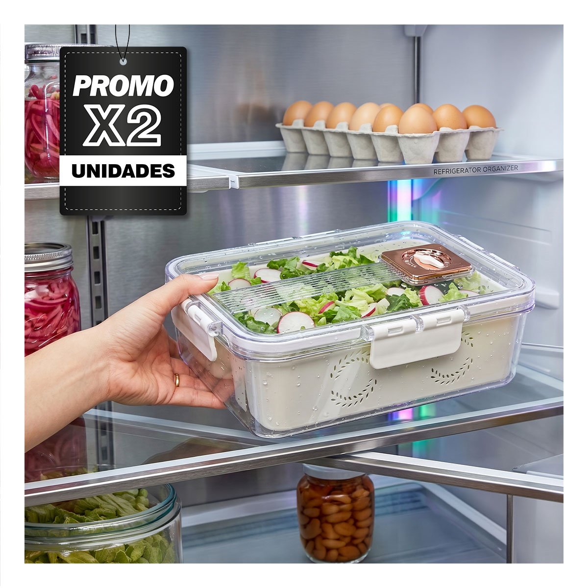 PACK2 CANASTA PARA REFRIGERADOR CON 2 BANDEJAS ESCURRIDORAS LARGAS TRANSPARENTE YPAPEL REGALO - 1