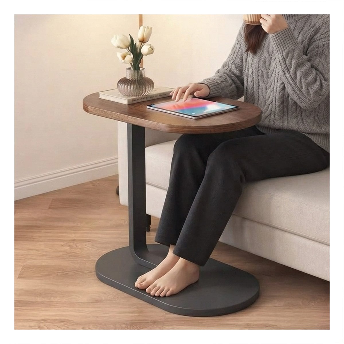 PACK6 MESA AUXILIAR RECTANGULAR OVALADO TIPO C PARA DORMITORIO NEGRO Y MARRON YPAPEL REGALO - 2