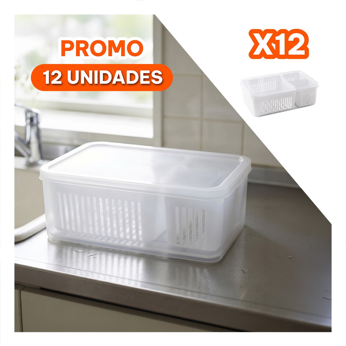 PACK12 CANASTA TRANSPARENTE DE 3 BANDEJAS PARA ESCURRIR Y ORDENAR ALIMENTOS 23X16,5X8CM - 1