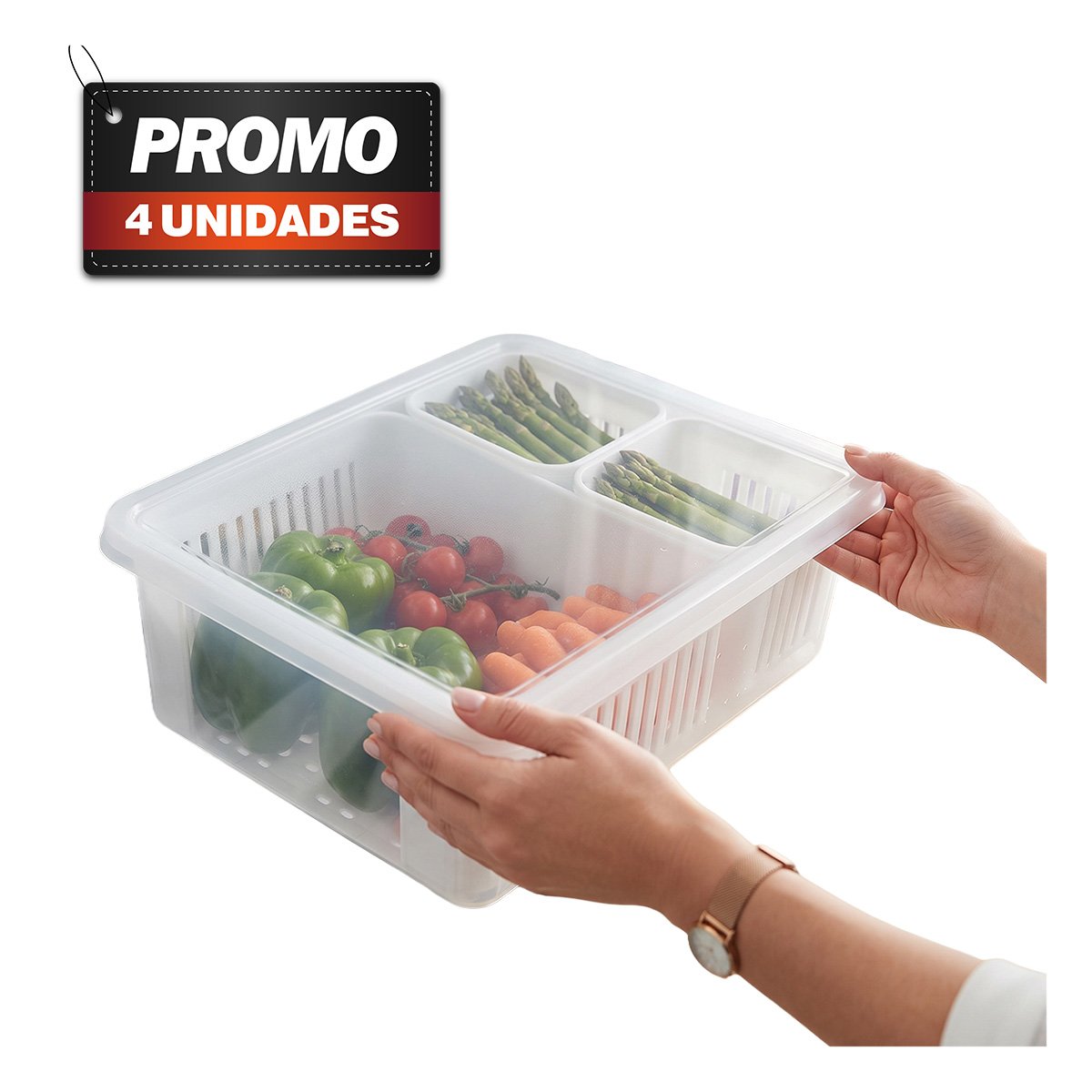 PACK4 RECIPIENTE PARA COCINA CON BANDEJAS ESCURRIDORAS Y DISEÑO TRANSPARENTE YPAPEL REGALO - 1