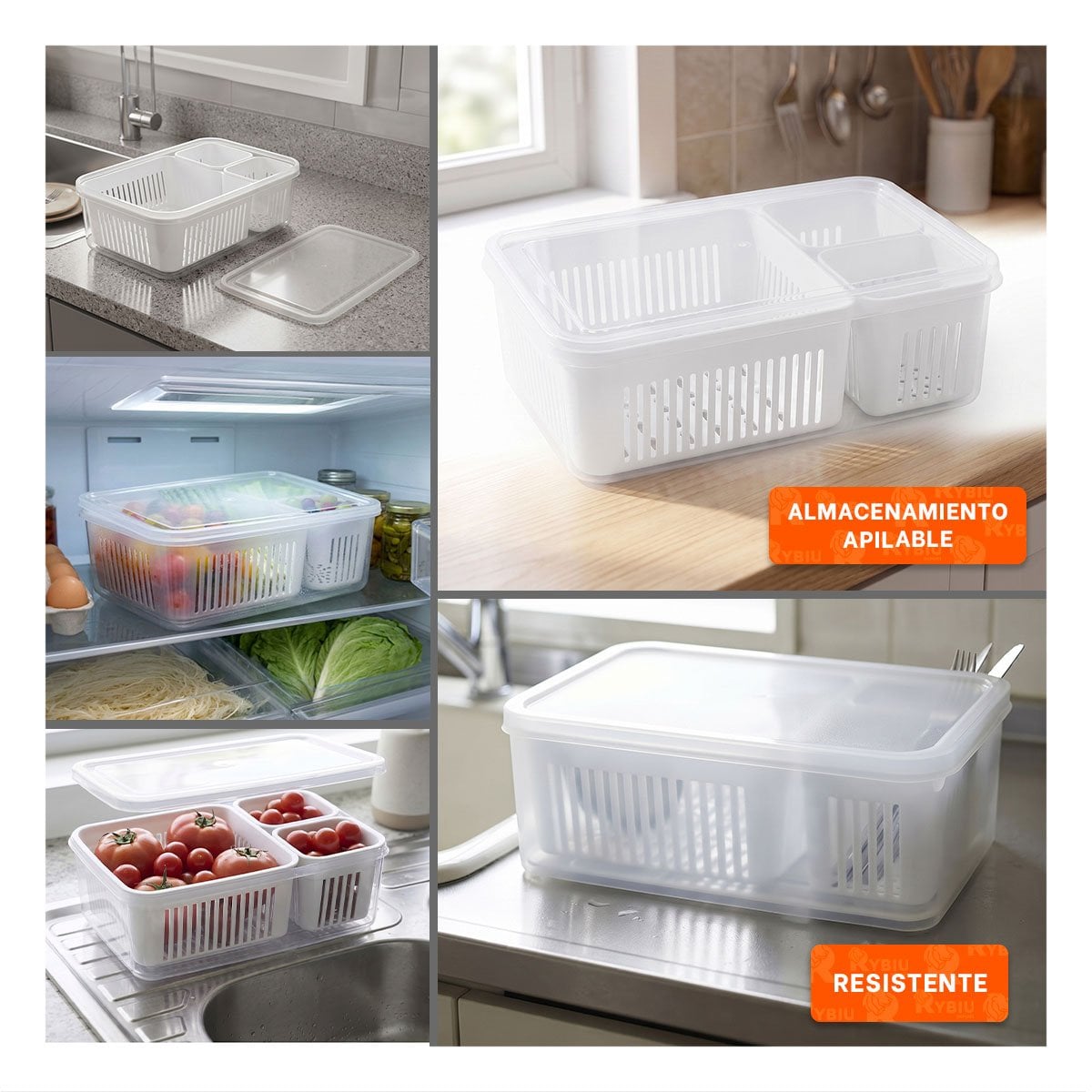 RECIPIENTE DE 3 BANDEJAS ESCURRIDORAS PARA COCINA Y HOGAR TRANSPARENTE Y PAPEL REGALO - 2