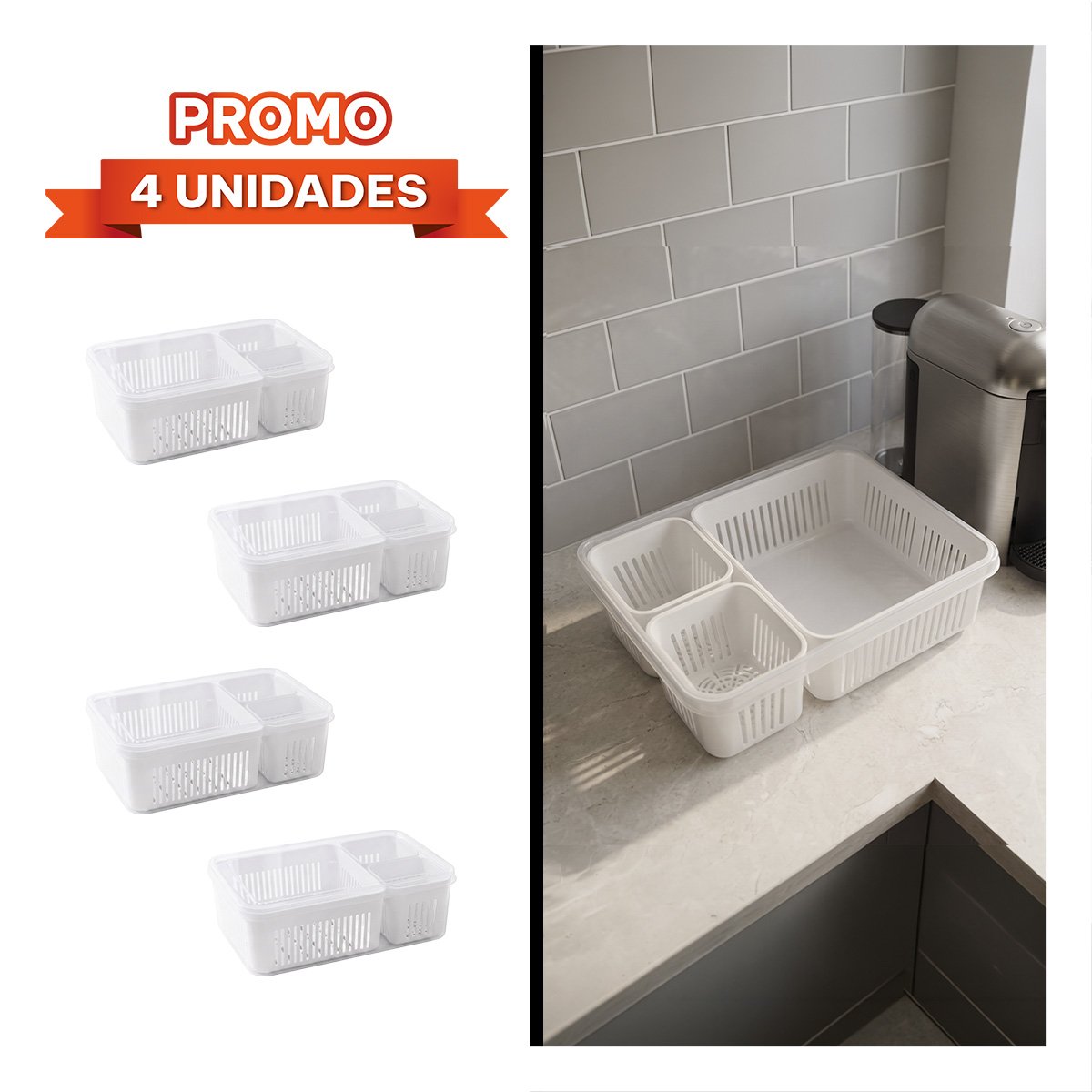 PACK4 CONTENEDOR DE 3 BANDEJAS PARA ESCURRIR FRUTAS Y ALIMENTOS EN COCINA 23X16,5X8CM - 1