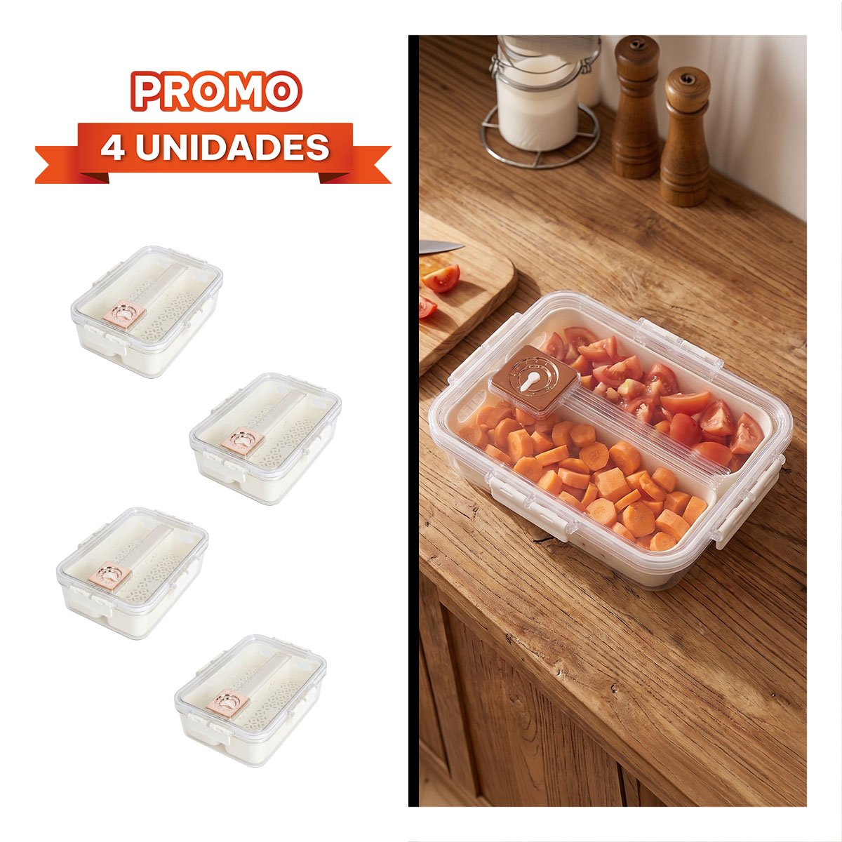 PACK4 CONTENEDOR DE 2 BANDEJAS PARA ESCURRIR FRUTAS Y ALIMENTOS EN COCINA 24X17X7CM - 1