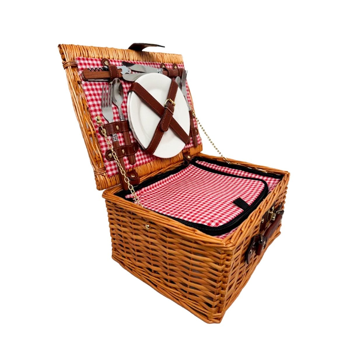 CANASTA PARA PICNIC MOSTAZA Y ROJO TEJIDA CON UTENSILIOS 34X26X17CM EN CASA Y STICKY - 1
