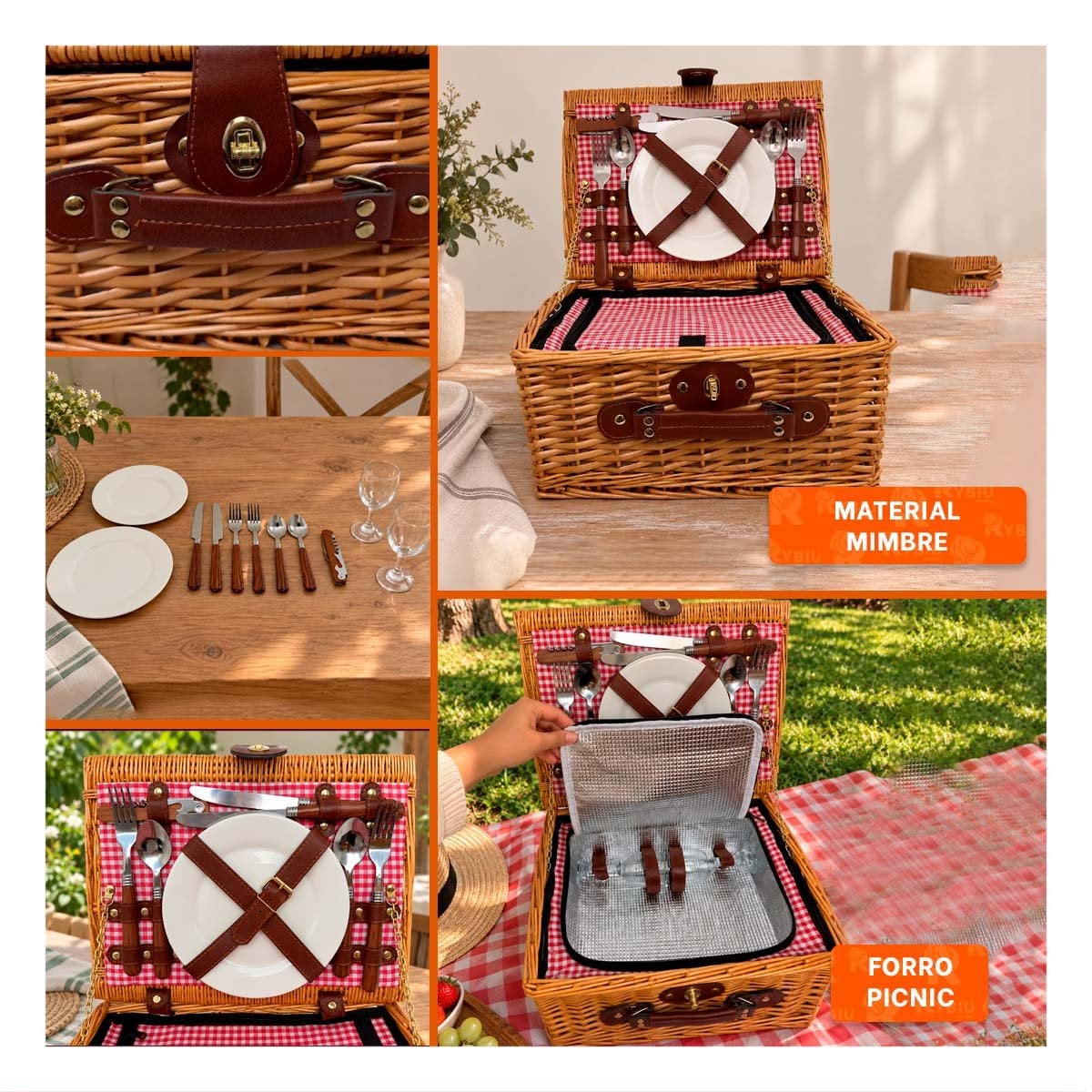 CANASTA PARA PICNIC MOSTAZA Y ROJO TEJIDA CON UTENSILIOS 34X26X17CM EN CASA Y STICKY - 3