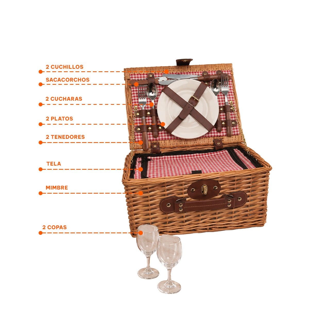 CANASTA PARA PICNIC MOSTAZA Y ROJO TEJIDA CON UTENSILIOS 34X26X17CM EN CASA Y STICKY - 4
