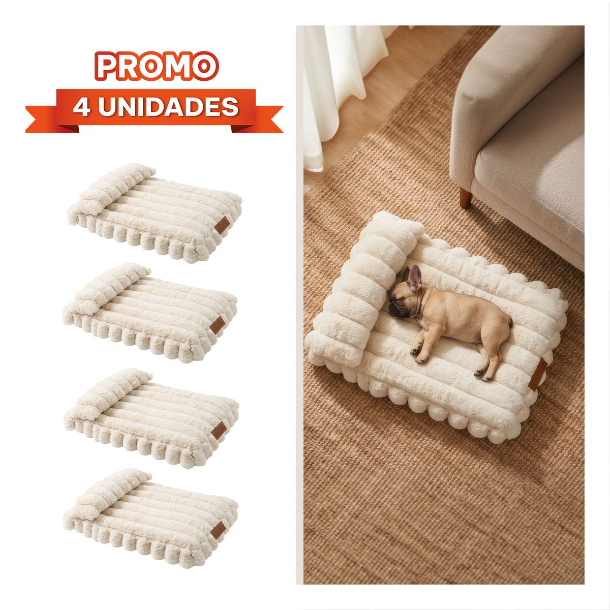 PACK4 CUNA RECTANGULAR CON ALMOHADA EN RAYAS CREMA PARA MASCOTAS DE USO COMODO - 1