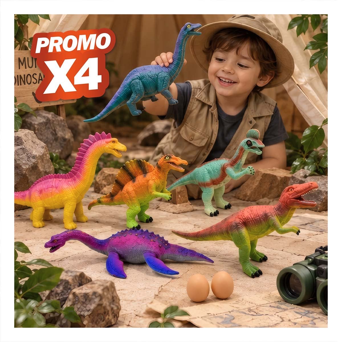 PACK4 CONJUNTO DINOSAURIOS CHIRRIANTE MULTI PARA NINOS CON 2 HUEVOS Y 6 PIEZAS YREGALO STICKER - 1