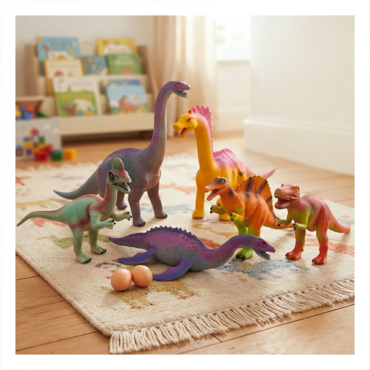 SET DINOSAURIOS CHIRRIANTE MULTICOLOR PARA NINOS CON 2 HUEVOS Y 6 PIEZAS Y LIGAS REGALO - 1
