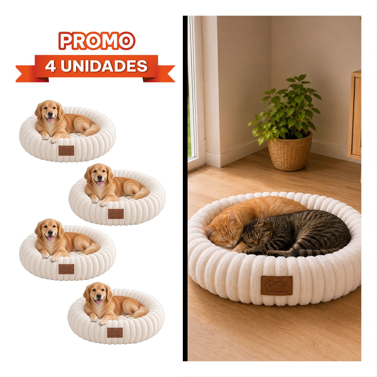 PACK4 COLCHONETA DONA REDONDA A RAYAS PARA MASCOTAS Y PERROS COMODA CREMA - 1