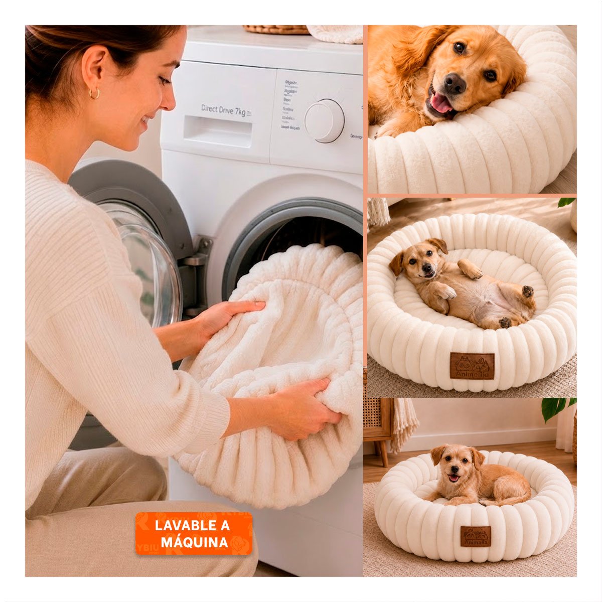 COLCHONETA DONA A RAYAS PARA MASCOTAS Y PERROS SUAVE DESCANSO CREMA - 3
