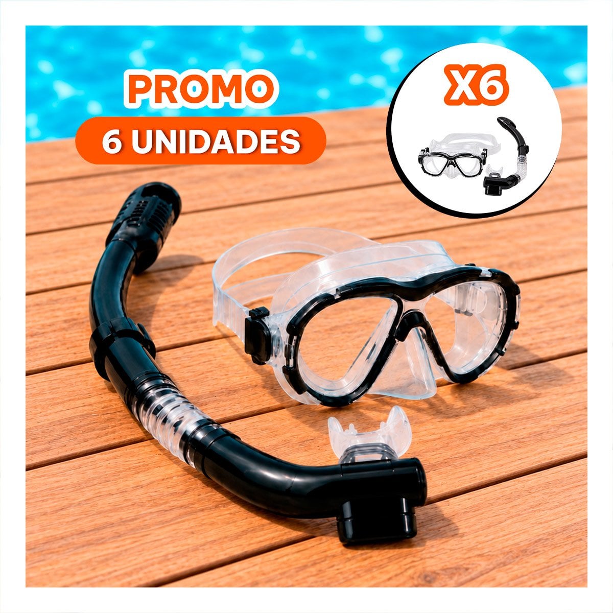 PACK6 PACK DE BUCEO DE 2 PIEZAS MASCARA Y SNORKEL TRANSPARENTE Y NEGRO PARA PLAYAS - 1