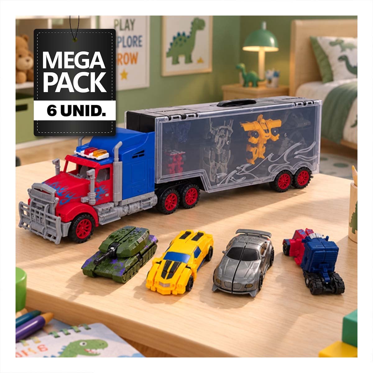 PACK6 CARRO GARAJE MOVIL Y 4 ROBOTS TRANSFORMERS CONVERTIBLES PARA REGALO YPAPEL REGALO - 1