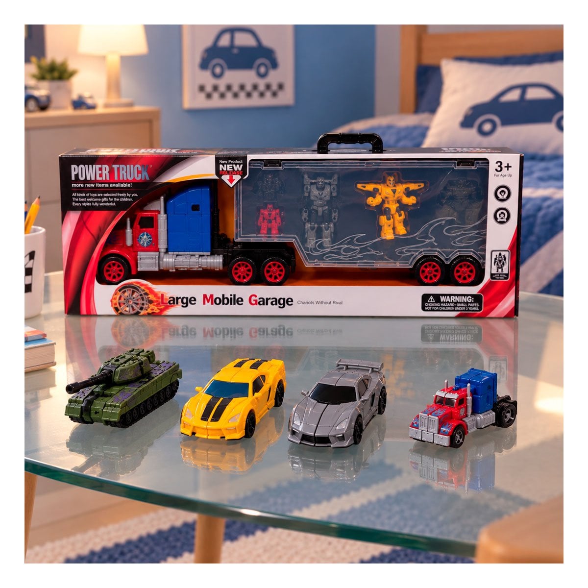 PACK6 CARRO GARAJE MOVIL Y 4 ROBOTS TRANSFORMERS CONVERTIBLES PARA REGALO YPAPEL REGALO - 2