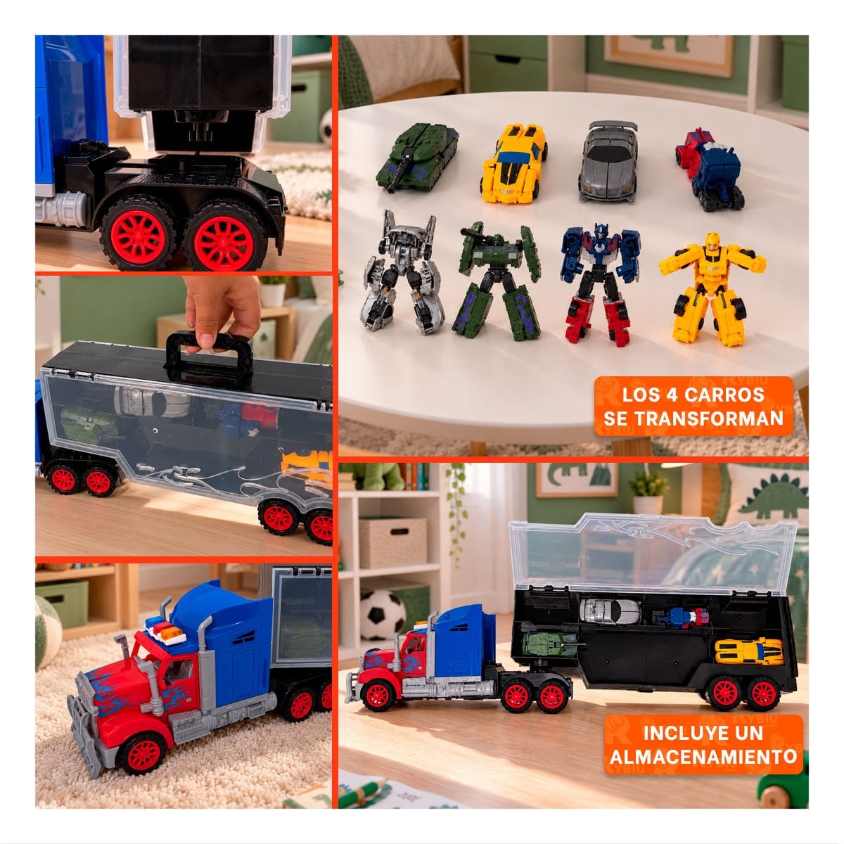 PACK6 CARRO GARAJE MOVIL Y 4 ROBOTS TRANSFORMERS CONVERTIBLES PARA REGALO YPAPEL REGALO - 3
