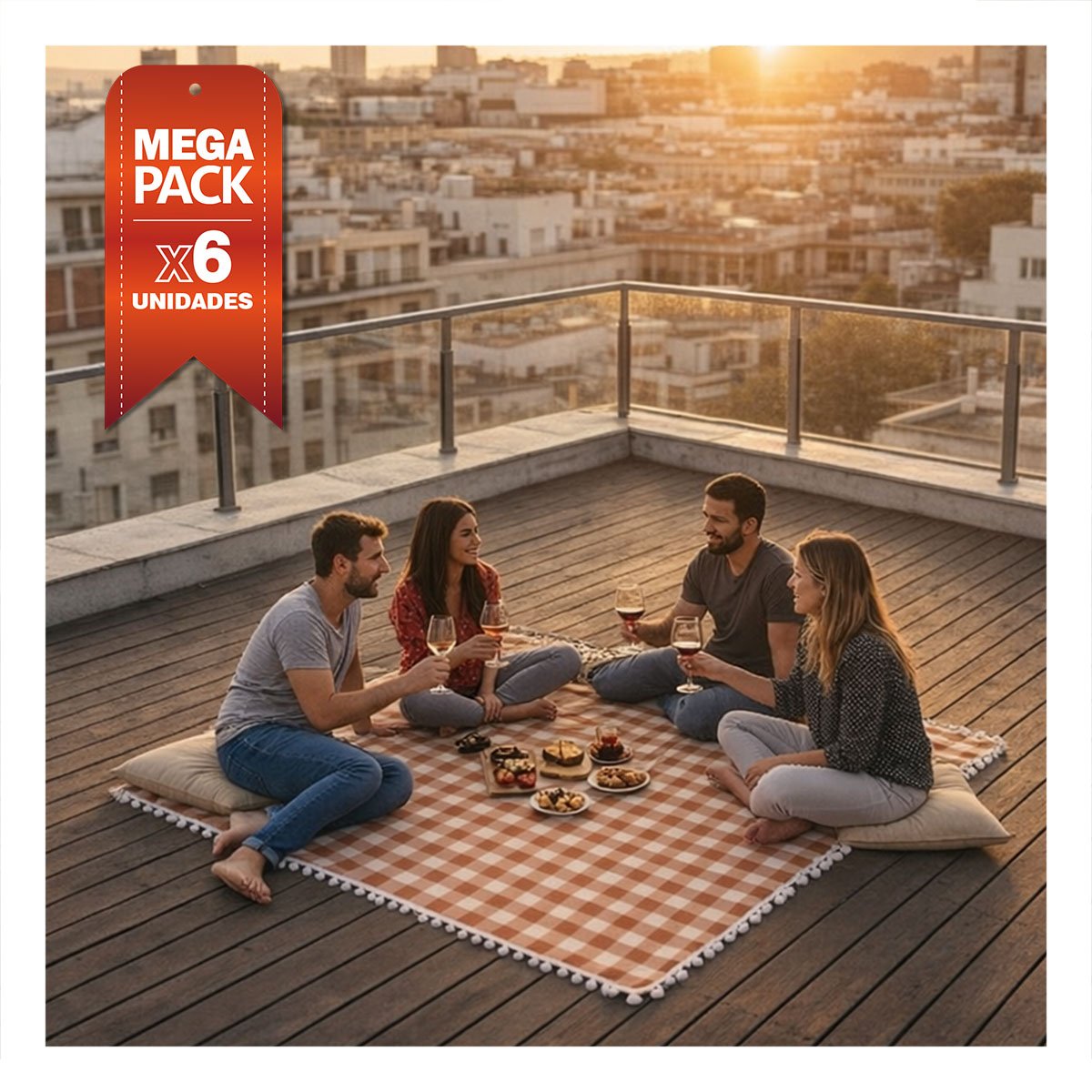 PACK6 LONA PICNIC CON BORDE DE MINI POMPONES PARA DISFRUTAR BIEN YREGALO STICKER - 1