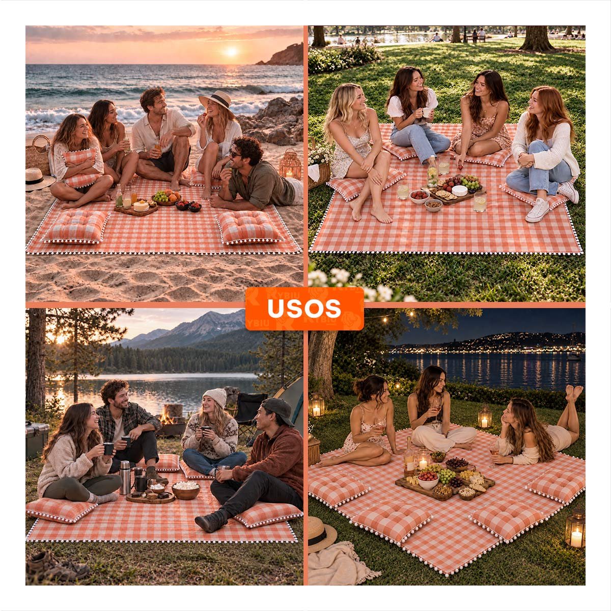 PACK4 SET PICNIC Y 4 COJINES CON POMPONES BEIGE Y BLANCO PARA USO EN LA CASA FINA YPAPEL REGALO - 3