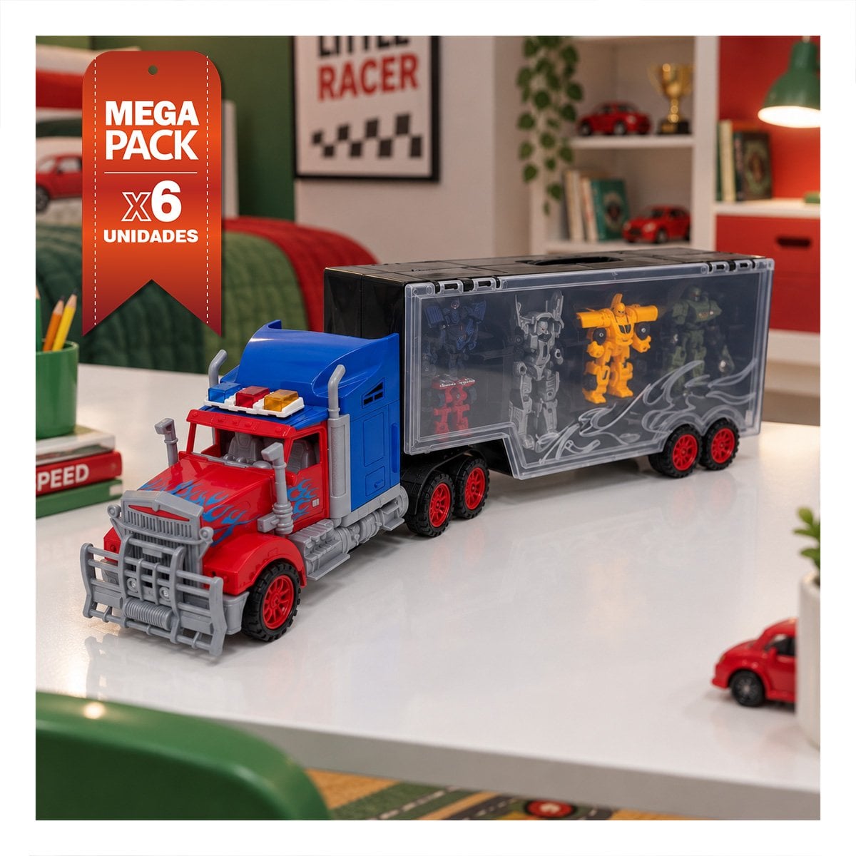 PACK6 4 ROBOTS TRANSFORMERS Y TRAILER GARAJE MOVIL CONVERTIBLES PARA EL NINO YREGALO STICKER - 1