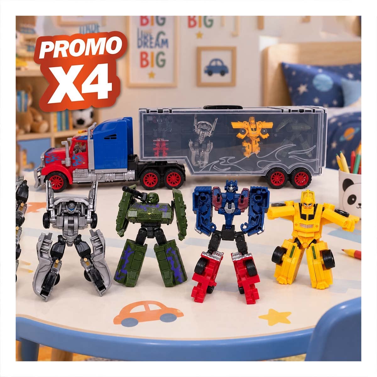 PACK4 AUTO GARAJE MOVIL Y 4 ROBOTS TRANSFORMERS CONVERTIBLES PARA EL NINO YREGALO STICKER - 1