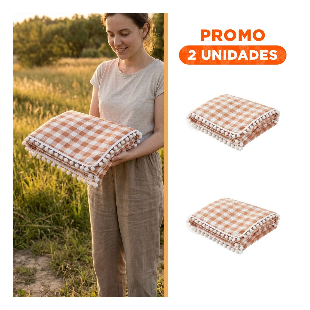 PACK2 CUBIERTA PICNIC CON BORDE DE MINI POMPONES PARA LA SALIDA BEIGE Y BLANCO - 1