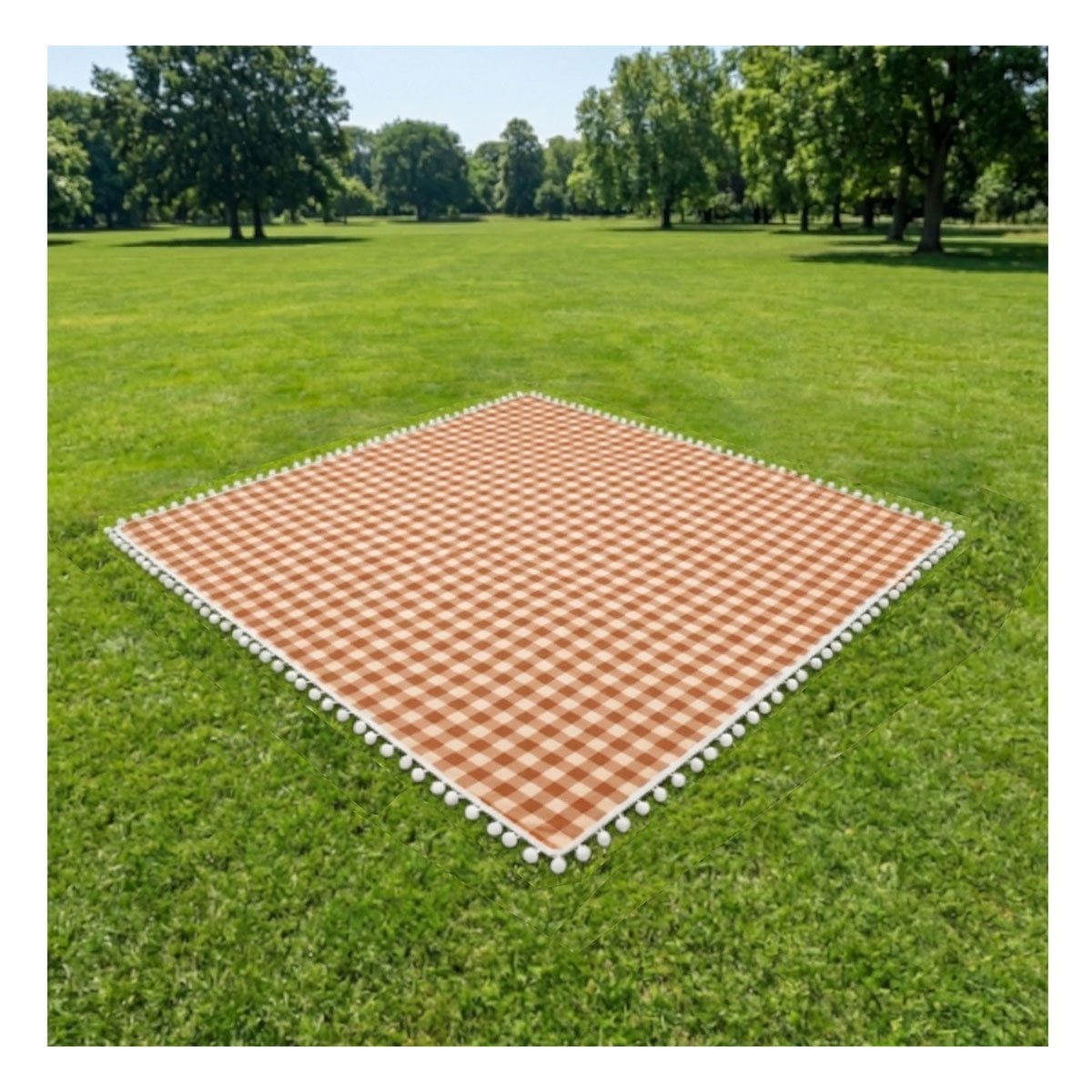 PACK2 CUBIERTA PICNIC CON BORDE DE MINI POMPONES PARA LA SALIDA BEIGE Y BLANCO - 2