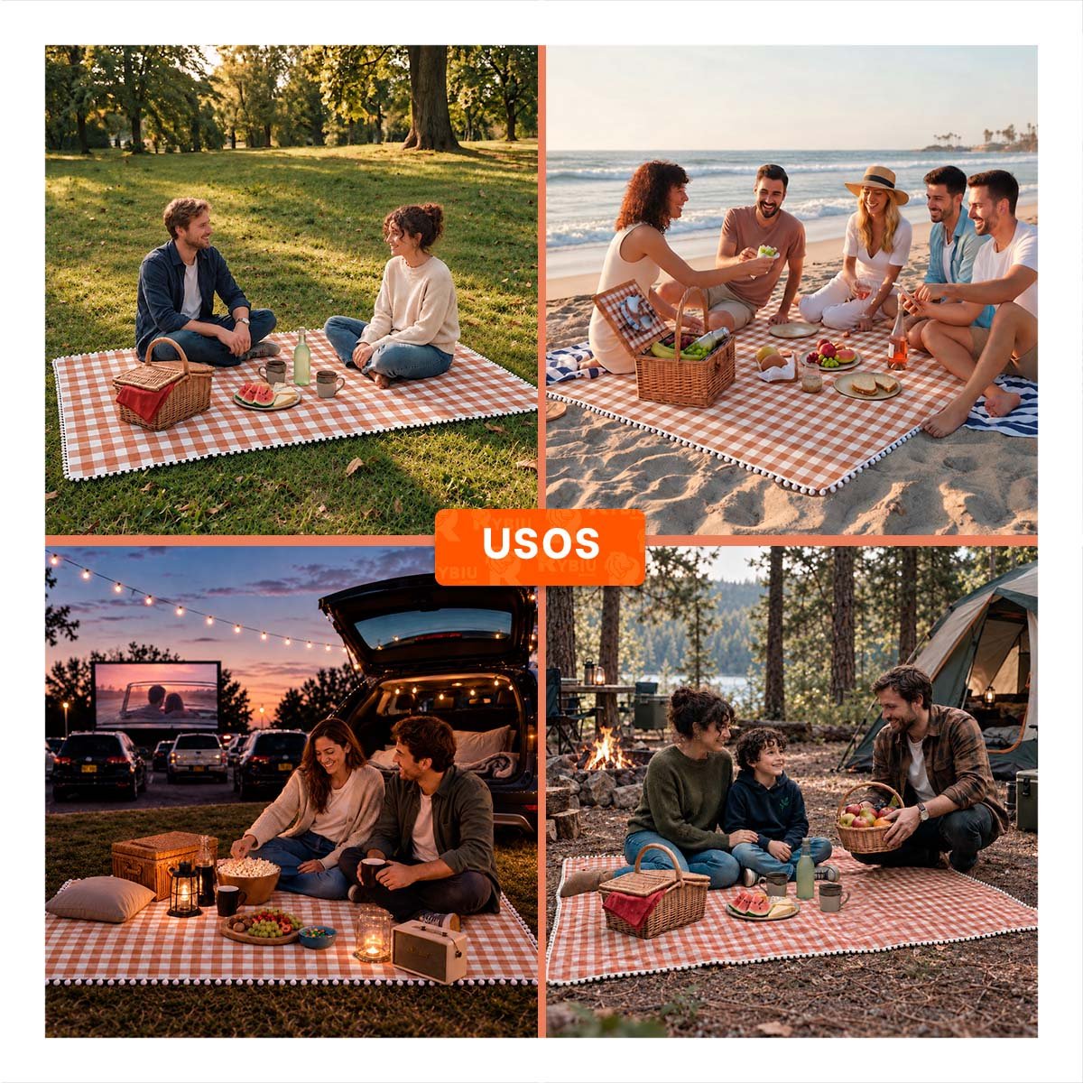 MANTA PICNIC CON BORDE DE MINI POMPONES PARA UN BUEN RATO BEIGE Y BLANCO Y REGALO STICKER - 3