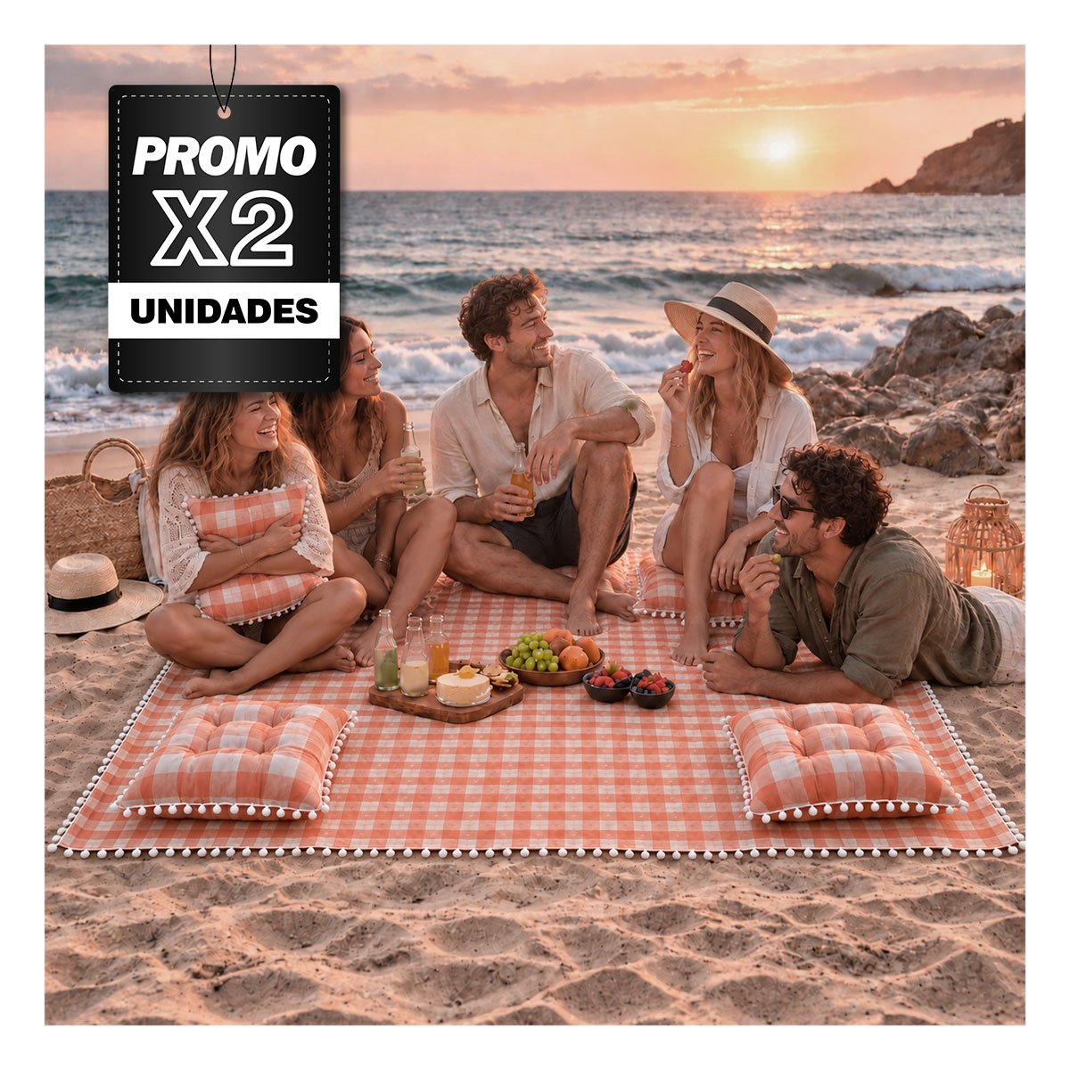 PACK2 LONA PICNIC Y 4 COJINES CON POMPONES BEIGE PARA DESCANSO AL AIRE LIBRE YPAPEL REGALO - 1
