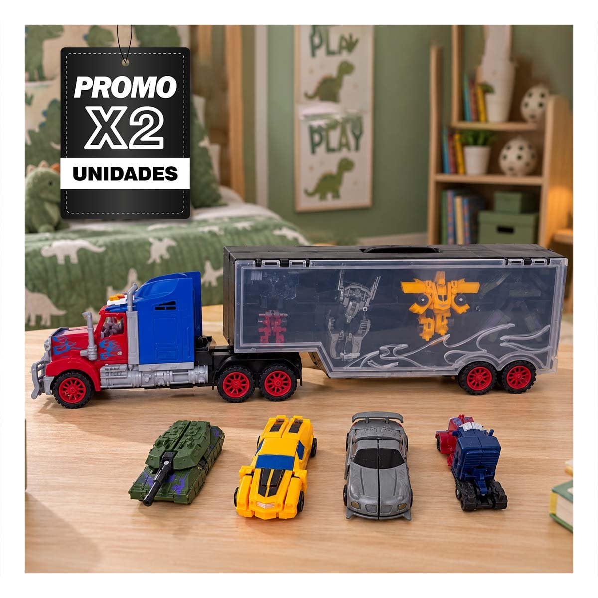 PACK2 4 ROBOTS TRANSFORMERS Y VEHICULO GARAJE MOVIL DE JUGUETE PARA NINO EN CASA YPAPEL REGALO - 1