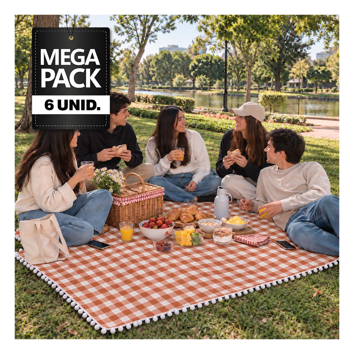 PACK6 LONA PICNIC CON BORDE DE MINI POMPONES PARA USO EN PARQUE BEIGE Y BLANCO YPAPEL REGALO - 1