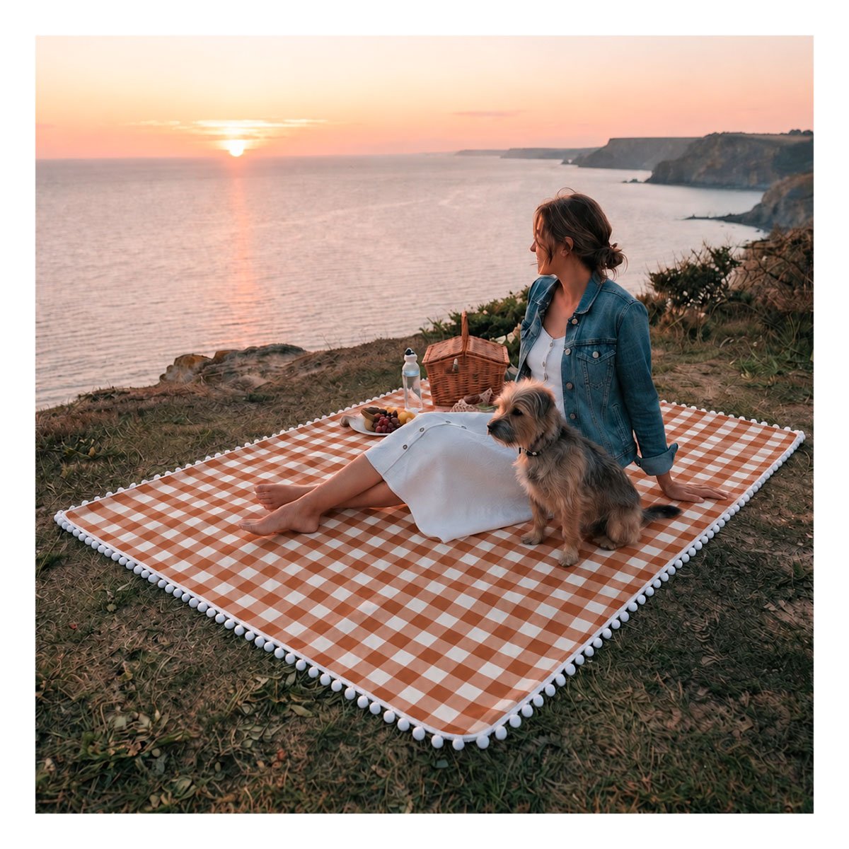 PACK6 LONA PICNIC CON BORDE DE MINI POMPONES PARA USO EN PARQUE BEIGE Y BLANCO YPAPEL REGALO - 2