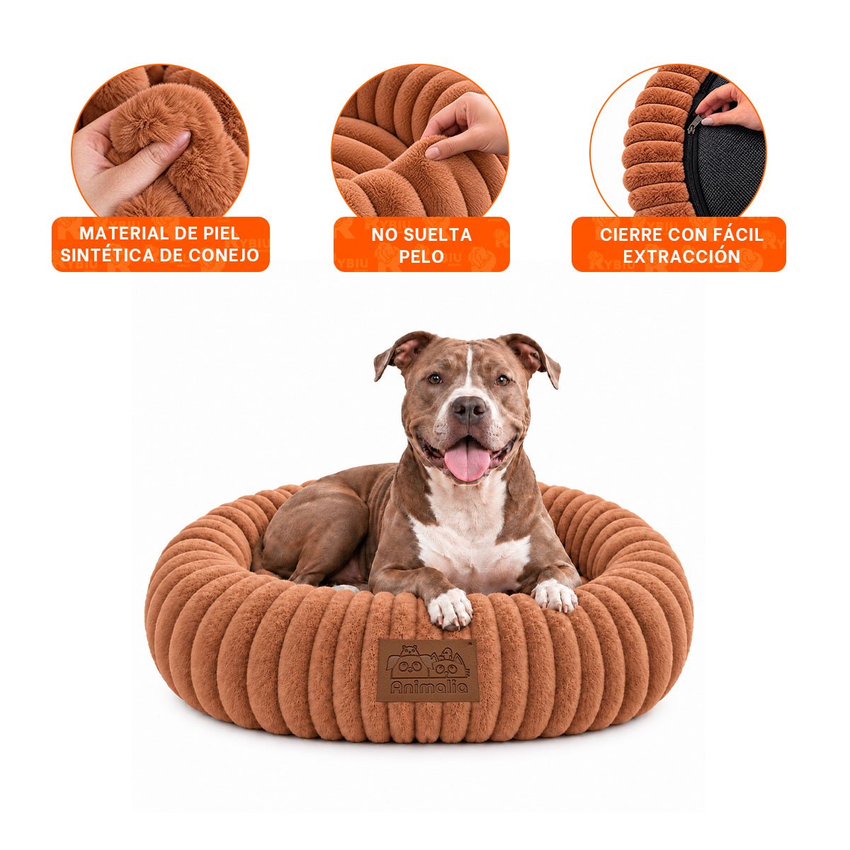 PACK2 COLCHON DONA REDONDA A RAYAS PARA MASCOTAS Y PERROS SUAVE MARRON YREGALO STICKER - 4