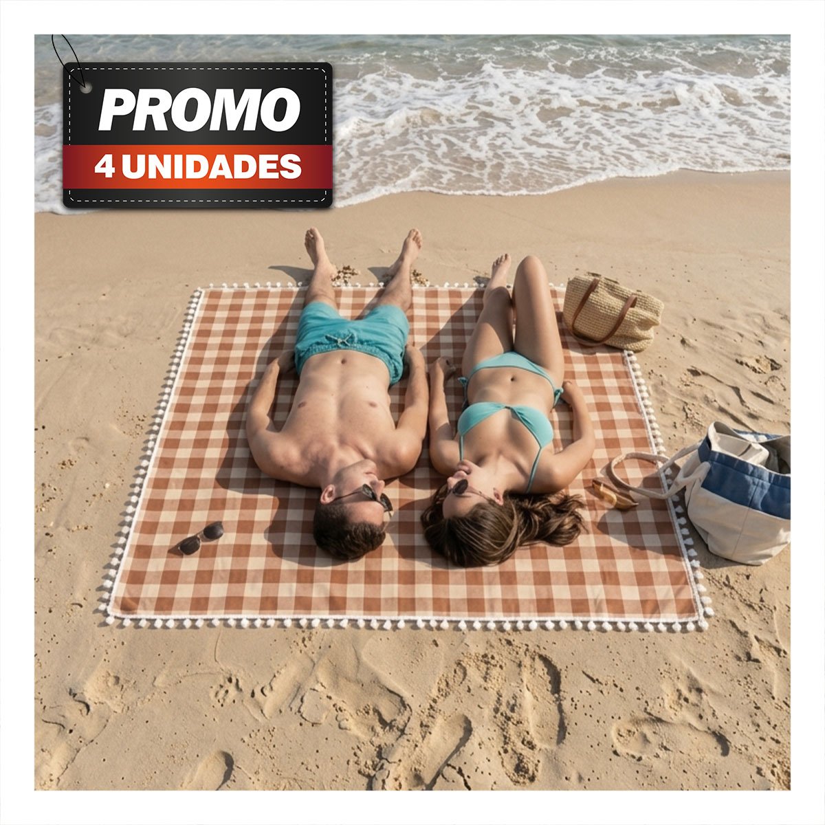 PACK4 ALFOMBRA PICNIC CON BORDE DE MINI POMPONES PARA BUEN RATO BEIGE Y BLANCO YPAPEL REGALO - 1