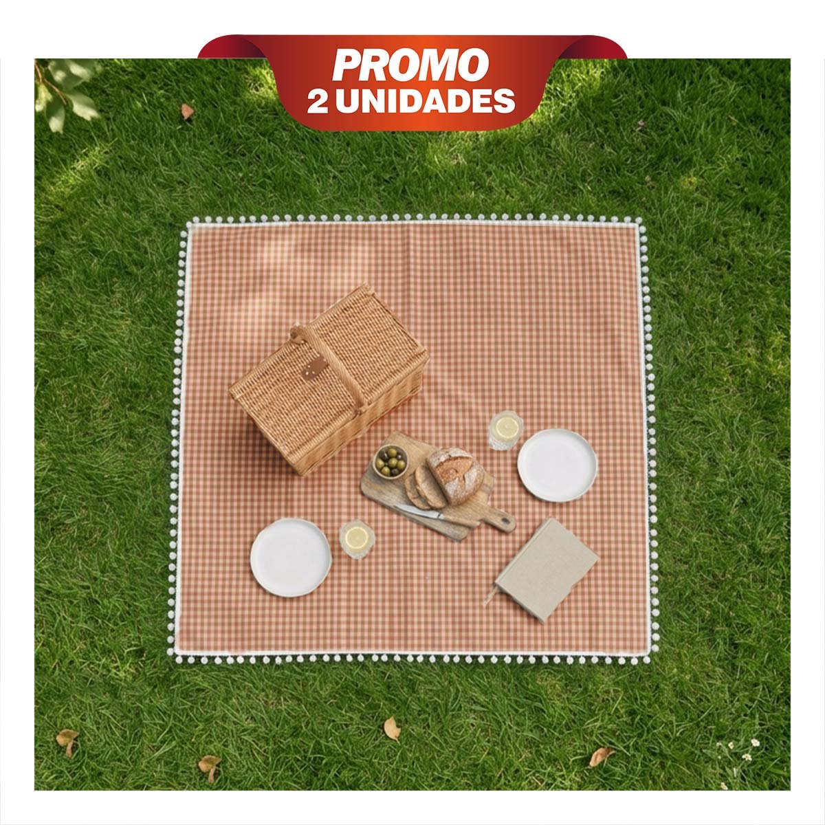 PACK2 COBIJA PICNIC CON BORDE DE MINI POMPONES PARA IR DE PASEO BEIGE Y BLANCO YREGALO STICKER - 1