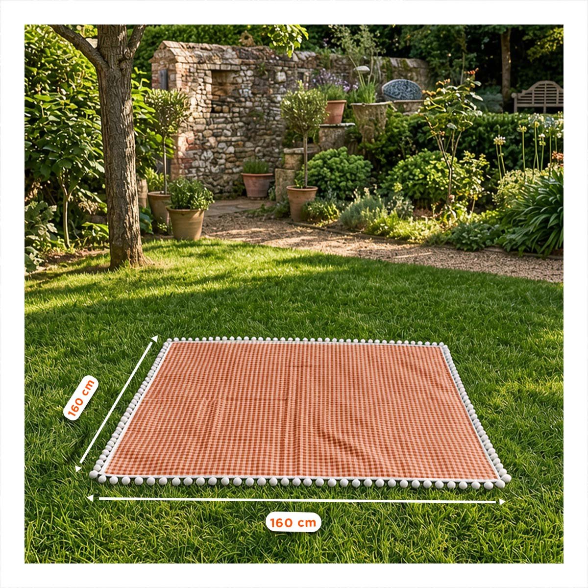 PACK2 COBIJA PICNIC CON BORDE DE MINI POMPONES PARA IR DE PASEO BEIGE Y BLANCO YREGALO STICKER - 3