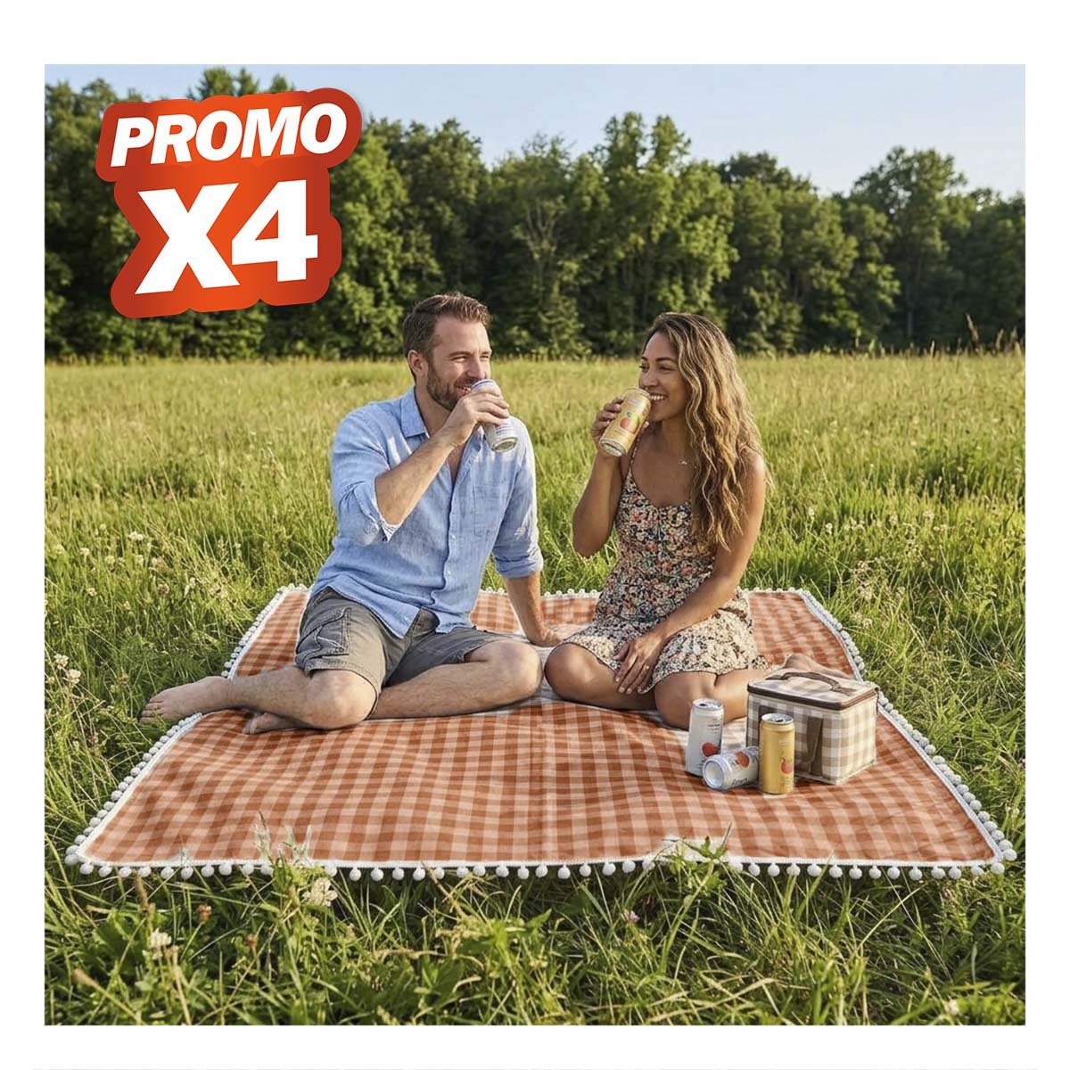 PACK4 CUBIERTA PICNIC CON BORDE PARA EL TIEMPO LIBRE BEIGE Y BLANCO YREGALO STICKER - 1