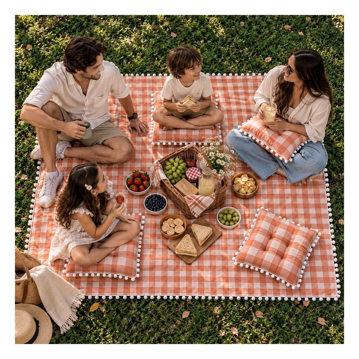 LOTE PICNIC Y 4 COJINES CON POMPONES BEIGE Y BLANCO PARA JUGAR EN CASA EXTERIOR Y PAPEL REGALO - 1