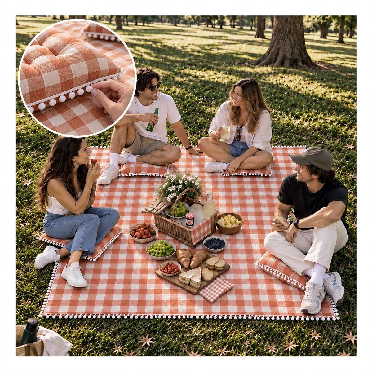 PACK2 COBERTOR PICNIC Y 4 COJINES CON POMPONES BLANCO PARA USO EN EL HOGAR YREGALO STICKER - 2