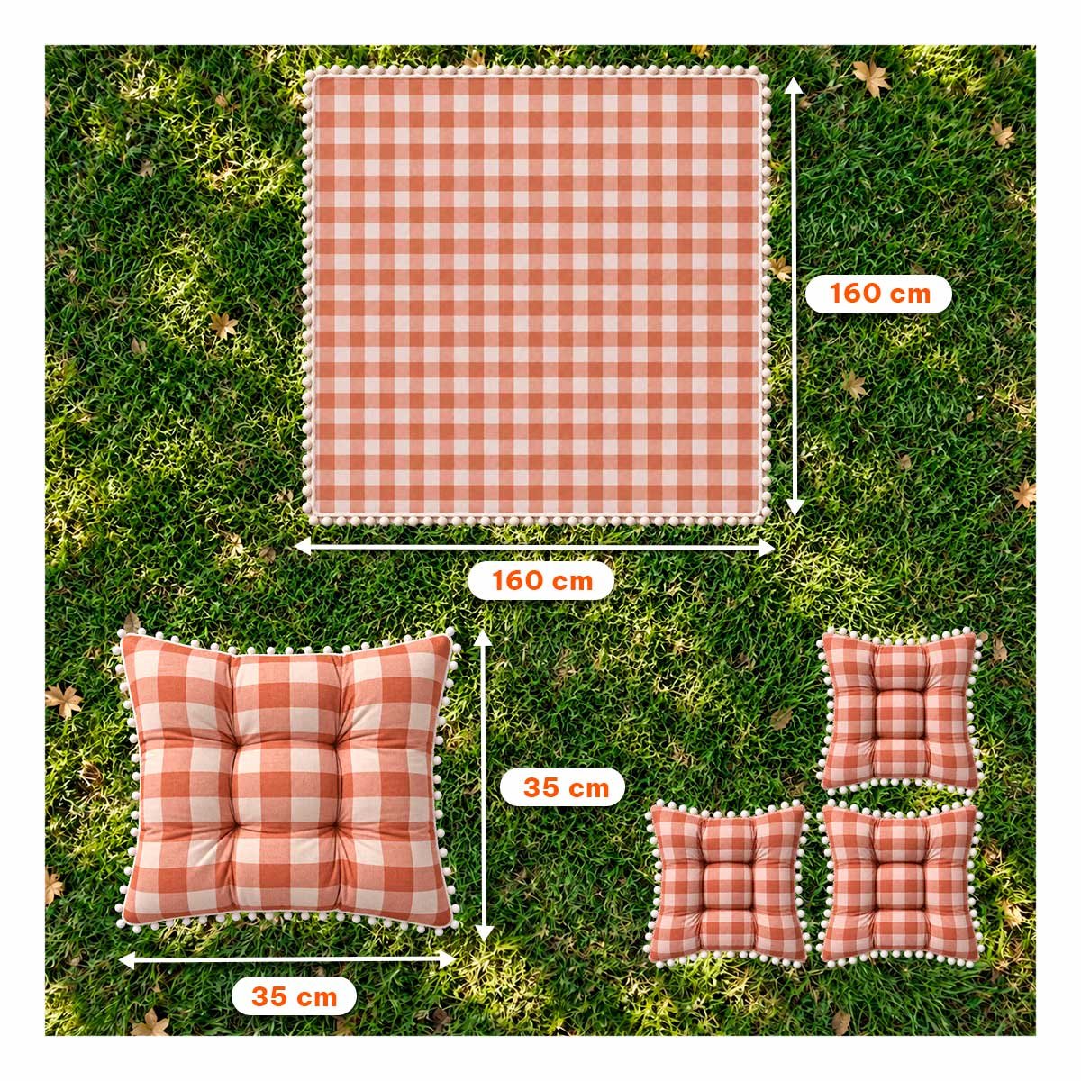 PACK2 COBERTOR PICNIC Y 4 COJINES CON POMPONES BLANCO PARA USO EN EL HOGAR YREGALO STICKER - 3