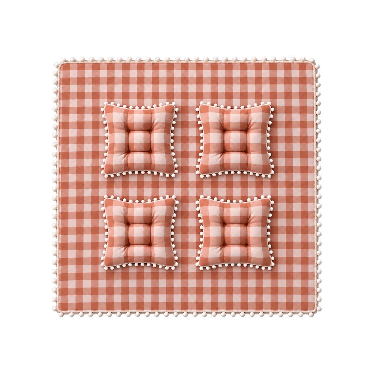 TAPETE PICNIC Y 4 COJINES CON POMPONES BEIGE Y BLANCO PARA DESCANSO Y STICKY - 1