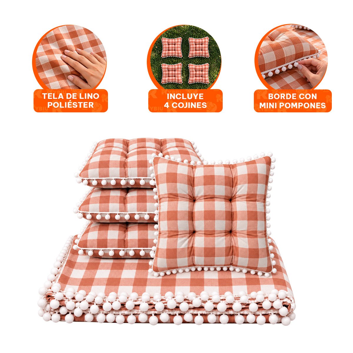TAPETE PICNIC Y 4 COJINES CON POMPONES BEIGE Y BLANCO PARA DESCANSO Y STICKY - 4
