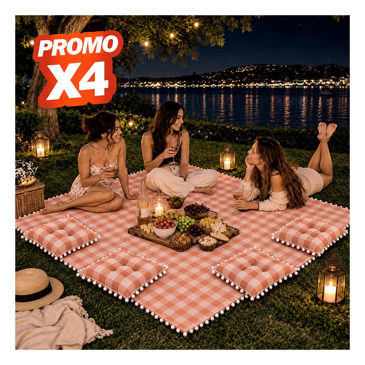 PACK4 JUEGO PICNIC Y 4 COJINES CON POMPONES BEIGE Y BLANCO PARA USO EN CASA YREGALO STICKER - 1