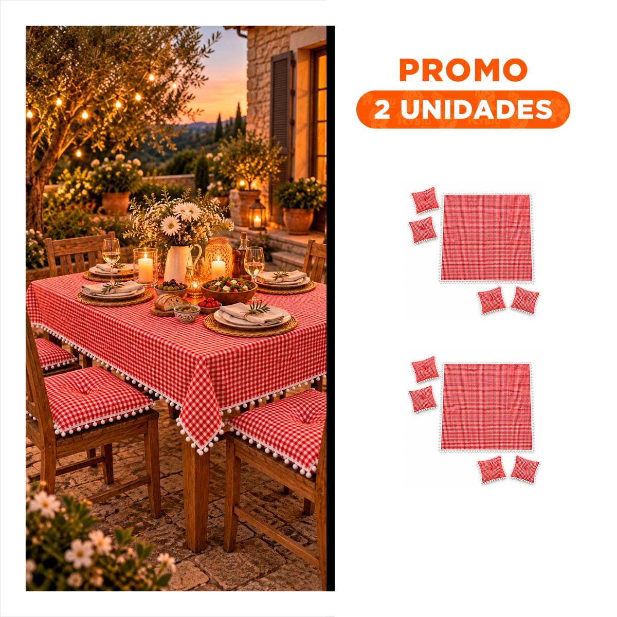 PACK2 MANTA PICNIC Y 4 COJINES CON BORDE MINI POMPONES PASEOS CASA ROJO Y BLANCO - 1